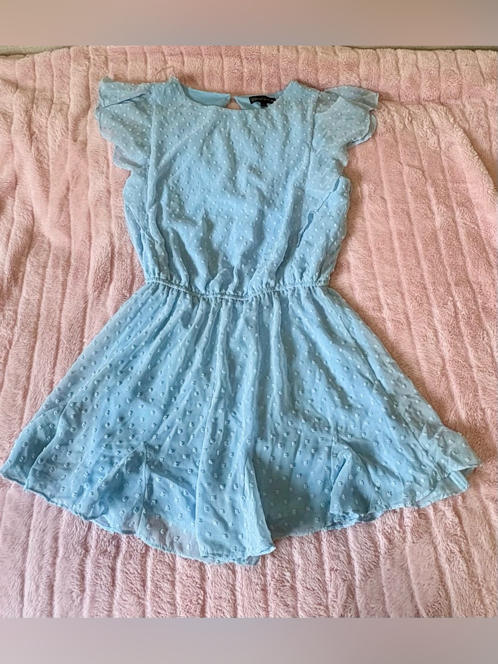 Crystal Doll Light Blue Swiss Dot Flutter Sleeve Romper – M